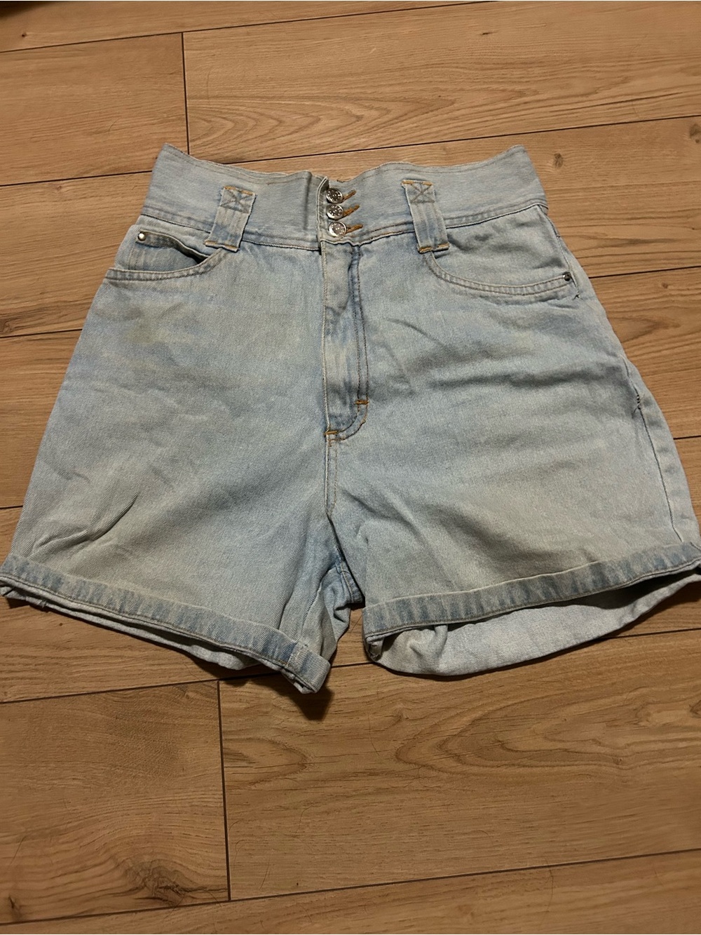 High-Rise Light Wash Denim Shorts with Triple-Button Front Vintage